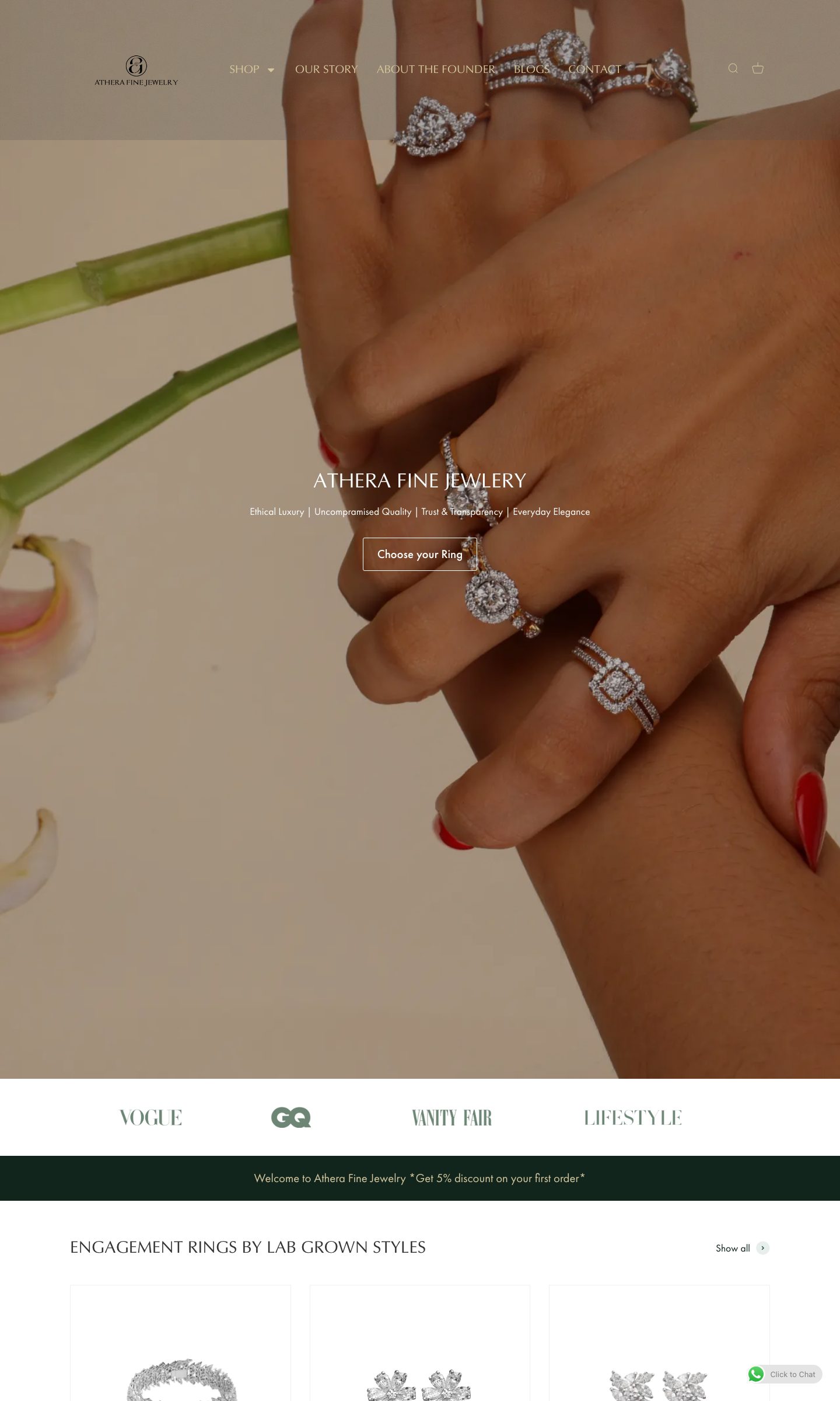 Athera Fine Jewelry website, homepage