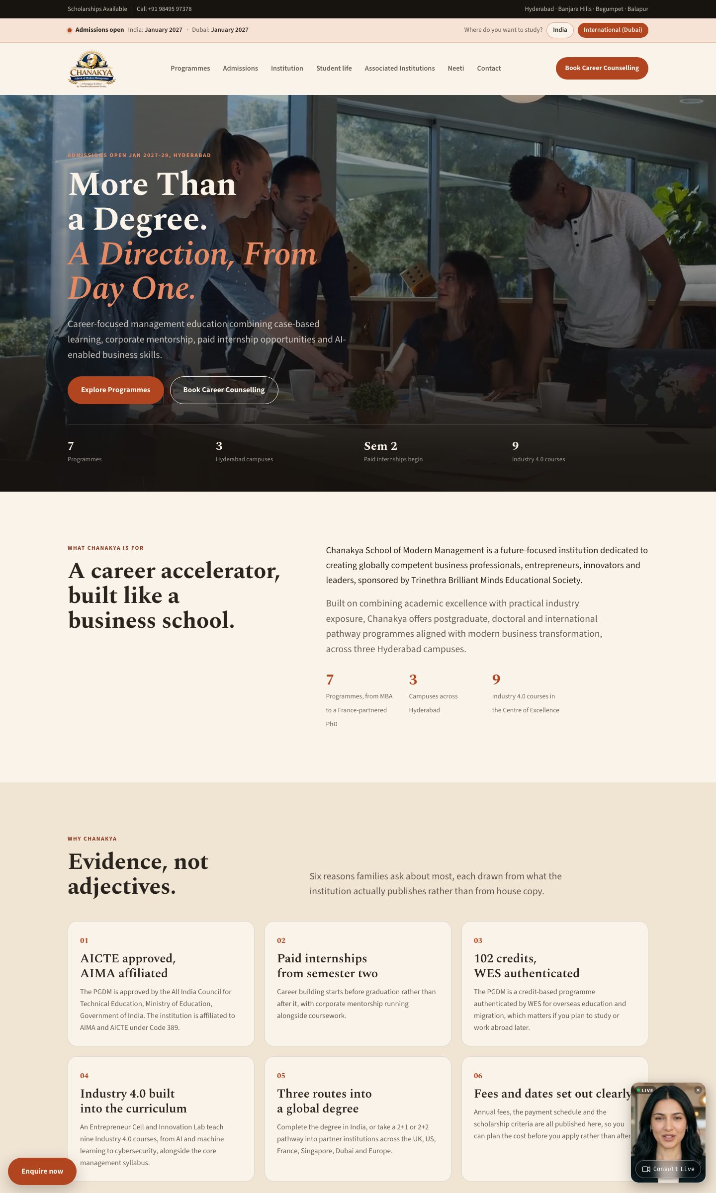 Chanakya B-School website, homepage